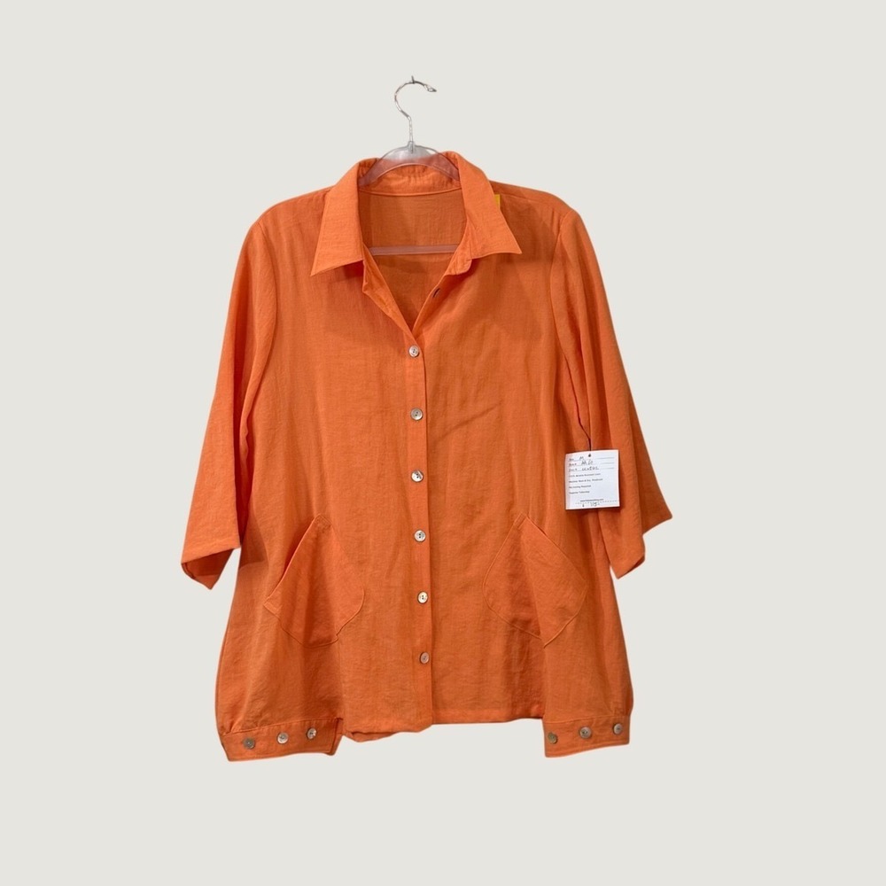 Fridaze Linen Redefined Orange Button Top Boho Lagenlook Vacation Womens M NWT